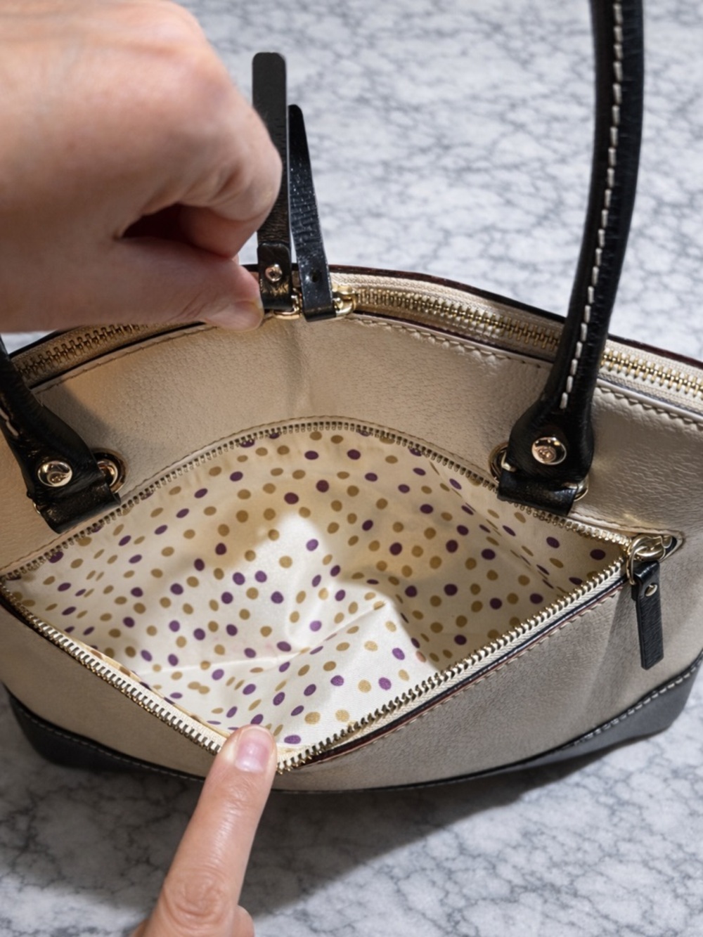 Kate Spade Leather Dome Satchel Cream Black Top Handle Bag - Picture 4 of 7